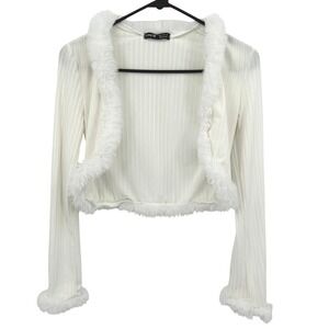 Y2K Coquette Cropped Ribbed Cardigan White Faux Fur Trim Soft Girl‎ Dainty